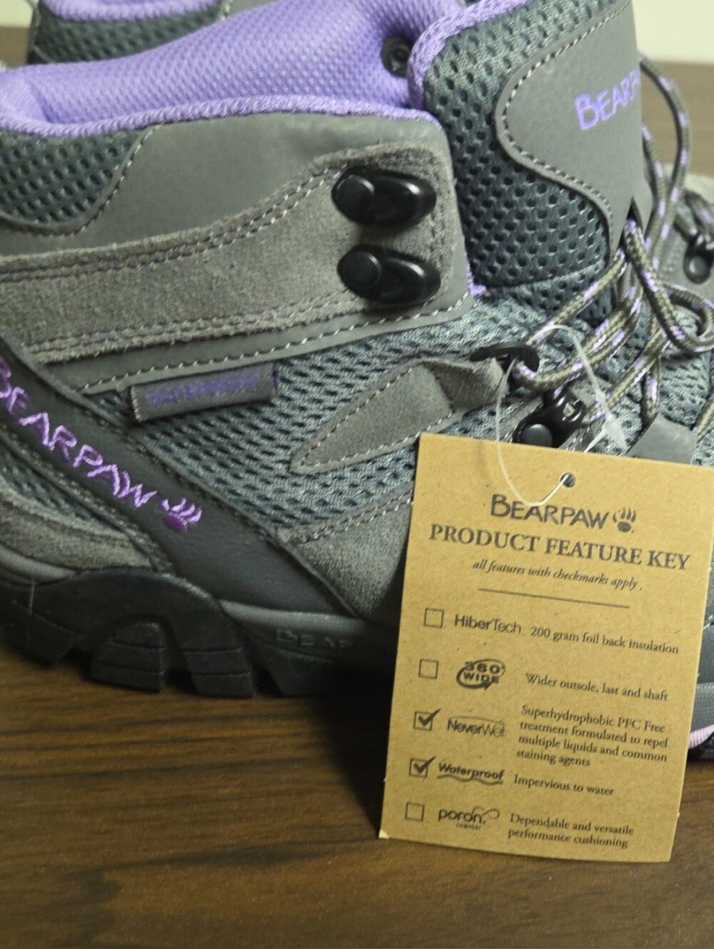 BearPaw Gray and Lavender Lace-Up Waterproof Women's Hiking Boots Size 7.5